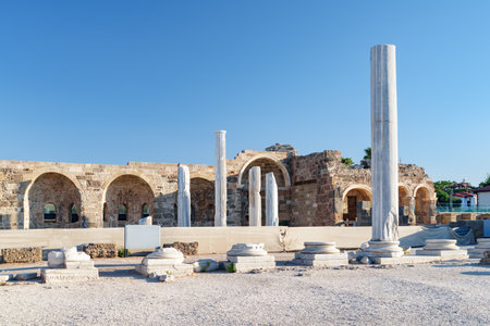 Awesome ruins of the Temple of Apollo on the Mediterranean Sea coast in Side, Turkey. The Roman temple is a popular tourist attraction in Turkey. Amazing view of columns on sunny day.の写真素材