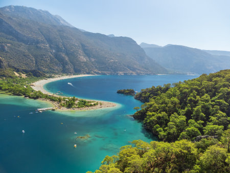 Aerial view of Blue Lagoon in Oludeniz, Turkey. Blue Lagoon is a national nature reserve in Turkey and a popular tourist attraction.の写真素材
