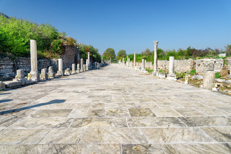 Awesome view of street in Ephesus (Efes). Scenic ruins of the ancient Greek city in Selcuk, Izmir Province, Turkey. Ephesus is a popular tourist attraction in Turkey.の写真素材