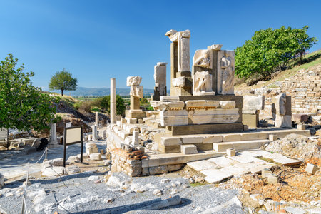 View of ruins in Ephesus (Efes). Scenic ruins of the ancient Greek city in Selcuk, Izmir Province, Turkey. Ephesus is a popular tourist attraction in Turkey.の写真素材