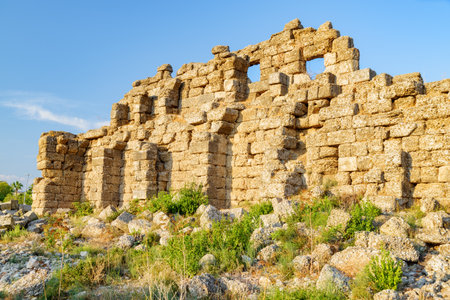 Awesome view of the ancient city walls in Side, Turkey. The amazing ruins are a popular tourist attraction of the world.の写真素材