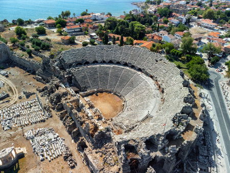 Aerial view of the ancient theatre in Side, Turkey. Side is a popular tourist destination in Turkey.の写真素材
