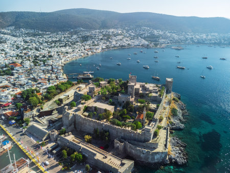 Aerial view of Bodrum Castle in Turkey. Bodrum is a popular tourist destination in the Turkish Riviera.の写真素材