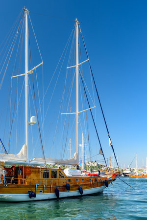 Scenic view of yachts moored in Milta Bodrum Marina. The port city is a popular tourist destination in the Turkish Riviera.の写真素材