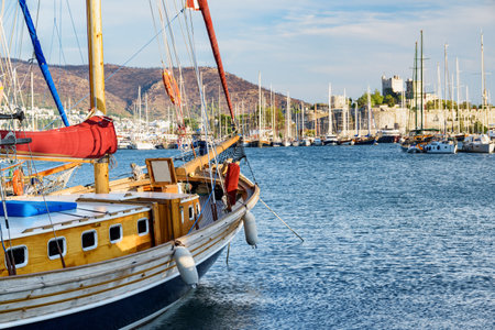 Scenic view of yachts moored in Milta Bodrum Marina. The port city is a popular tourist destination in the Turkish Riviera.の写真素材