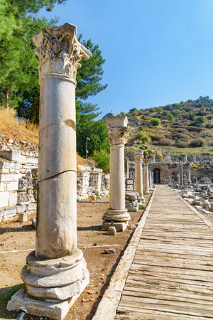 Scenic ruins of the agora in Ephesus (Efes) at Selcuk in Izmir Province, Turkey. Awesome view of the ancient Greek city. Ephesus is a popular tourist destination in Turkey.の写真素材