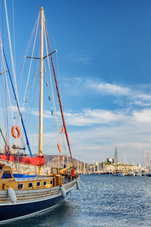 Scenic view of yachts moored in Milta Bodrum Marina. The port city is a popular tourist destination in the Turkish Riviera.の写真素材