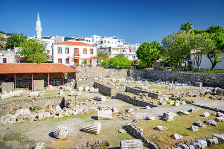 The ruins of the Mausoleum at Halicarnassus (Tomb of Mausolus) in Bodrum, Turkey. The Mausoleum is one of the Seven Wonders of the Ancient World and a popular tourist attraction in Turkey.の写真素材