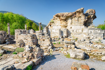 Scenic ruins of the Church of Mary (the Church of the Councils) in Ephesus (Efes) at Selcuk in Izmir Province, Turkey. The ancient Greek city is a popular tourist attraction in Turkey.の写真素材