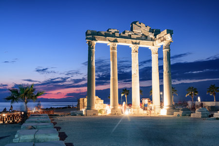 Awesome ruins of the Temple of Apollo on the Mediterranean Sea coast in Side, Turkey. The Roman temple is a popular tourist attraction in Turkey.の写真素材