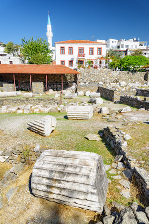 The ruins of the Mausoleum at Halicarnassus (Tomb of Mausolus) in Bodrum, Turkey. The Mausoleum is one of the Seven Wonders of the Ancient World and a popular tourist attraction in Turkey.の写真素材