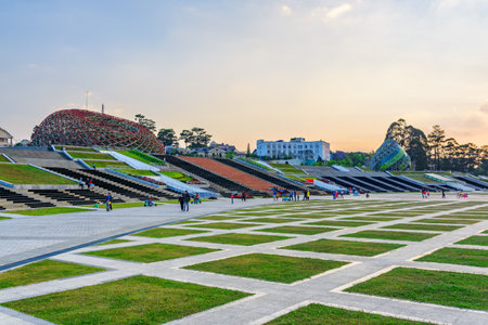Scenic view of the Lam Vien Square in the center of Dalat at sunset, Vietnam. Dalat (Da Lat) is a popular tourist destination of Asia.の写真素材
