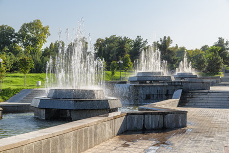 Awesome view of wonderful fountains at Registan Street in Samarkand, Uzbekistan. Samarkand is a popular tourist destination of Central Asia.の写真素材