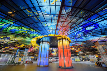 Kaohsiung, Taiwan - May 2, 2019: Amazing interior of the Formosa Boulevard Station of the Kaohsiung MRT system at downtown. The Dome of Light is a popular tourist attraction of Asia.のeditorial素材