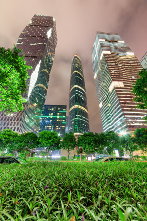 Guangzhou, China - November 7, 2015: Night view of modern buildings at the Zhujiang New Town (the Pearl River New Town) in Guangzhou, China. Beautiful cityscape.のeditorial素材