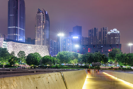 Guangzhou, China - November 7, 2015: Night view of modern buildings at the Zhujiang New Town (the Pearl River New Town) in Guangzhou, China. Beautiful cityscape.のeditorial素材