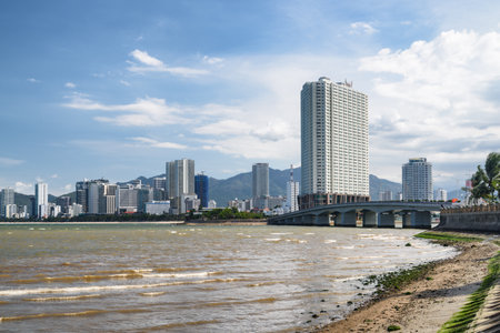 Nha Trang, Vietnam - August 14, 2020: Awesome Nha Trang coastline. Amazing view of Nha Trang Bay of the South China Sea and the coastal city. Nha Trang is a popular tourist destination of Asia.のeditorial素材