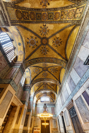Istanbul, Turkey - September 19, 2021: Awesome interior of the inner narthex in the Hagia Sophia. The little domes of the vestibule are covered with amazing mosaic.のeditorial素材