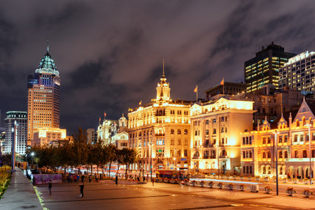 Night view of the Bund (Waitan), Shanghai, China.の写真素材