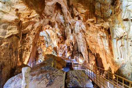 Scenic underground passageway inside Tien Son Cave at Phong Nha-Ke Bang National Park in Vietnam. Tien Son Cave is a popular tourist attraction of Asia.の写真素材
