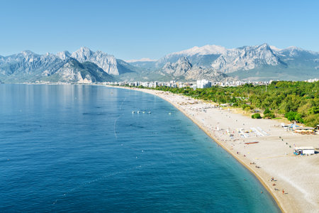 Awesome view of Konyaalti Beach and Park in Antalya, Turkey. Drone flying over the beach. Konyaalti Beach is a popular tourist attraction in Turkey.の写真素材