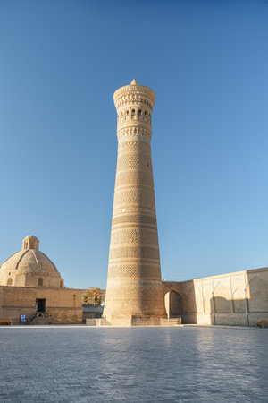 Awesome view of the Kalan Minaret of Po-i-Kalan complex in Bukhara, Uzbekistan. The ancient circular-pillar baked brick tower is a popular tourist attraction of Central Asia.の写真素材