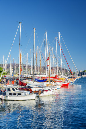 Scenic view of yachts moored in Milta Bodrum Marina. The port city is a popular tourist destination in the Turkish Riviera.の写真素材