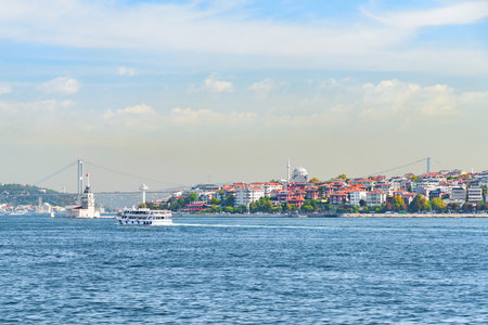 Unusual Istanbul skyline, Turkey. Ferry is crossing the Bosporus. Awesome view of the Bosporus strait.の写真素材