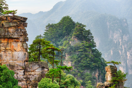 Fabulous view of natural quartz sandstone pillars of the Tianzi Mountains (Avatar Mountains) in the Zhangjiajie National Forest Park, Hunan Province, China. Awesome landscape.の写真素材
