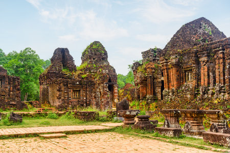 My Son Sanctuary among green woods in Da Nang (Danang), Vietnam. My Son is a complex of partially ruined ancient Hindu temples constructed by the kings of Champa.の写真素材