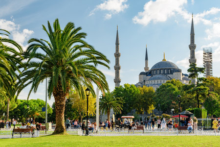 View of the Sultan Ahmed Mosque among green gardens in Istanbul, Turkey. The Blue Mosque is a popular destination among pilgrims and tourists of Istanbul.の写真素材