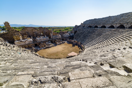 View of the ancient theatre in Side, Turkey. Side is a popular tourist destination in Turkey.の写真素材