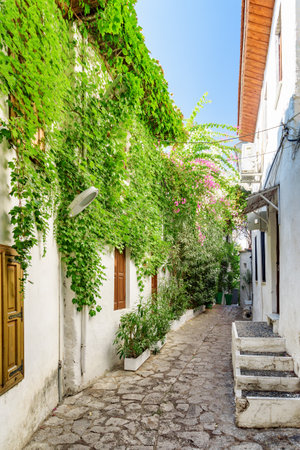 Awesome view of a cozy narrow street in Marmaris, Turkey. Scenic white houses of the old town. The port city is a popular tourist destination in the Turkish Riviera.の写真素材