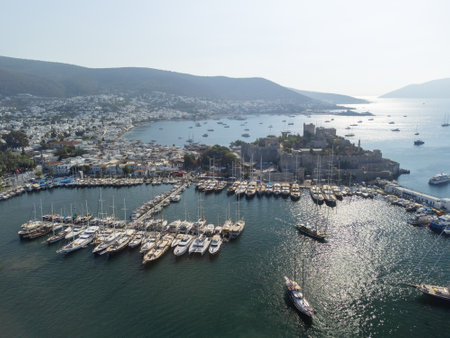 Awesome aerial view of Bodrum Marina and Bodrum Castle in Turkey. The port city is a popular tourist destination in the Turkish Riviera.の写真素材