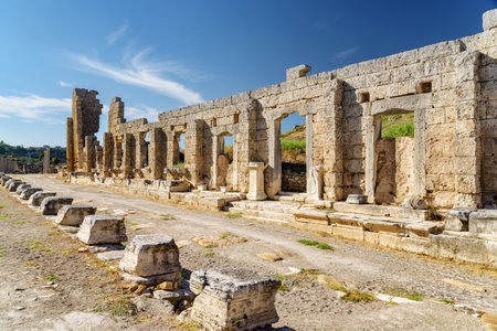 Scenic ruins of the Palace of Gaius Julius Cornutus in Perge (Perga) at Antalya Province, Turkey. Awesome view of the ancient Greek city. Perge is a popular tourist destination in Turkey.の写真素材