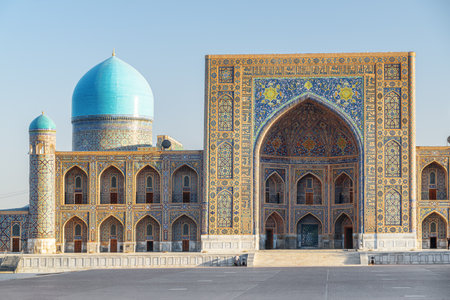 Awesome facade of the Tilya-Kori Madrasah at the Registan Square in Samarkand, Uzbekistan. The Registan is a popular tourist attraction of Central Asia.のeditorial素材