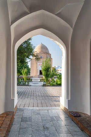Awesome view of the Rukhabad Mausoleum in Samarkand, Uzbekistan. Exterior of tomb of Islamic theologian and mystic Sheikh Burhaneddin Sagaradzhi. The tomb built by order of Amir Timur.のeditorial素材