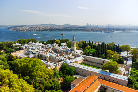 Awesome aerial view of the Topkapi Palace in Istanbul, Turkey. Drone flying over the city. The Bosporus is visible in background. Amazing cityscape.のeditorial素材