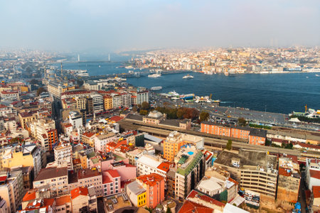 Awesome aerial view of the Golden Horn in Istanbul, Turkey. Drone flying over the city. Amazing cityscape. Istanbul is a popular tourist destination in the world.の写真素材