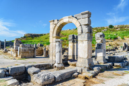 Scenic ruins of Perge (Perga) at Antalya Province, Turkey. Awesome view of the ancient Greek city. Perge is a popular tourist destination in Turkey.の写真素材