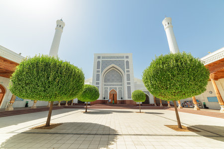 Awesome courtyard of Minor Mosque in Tashkent, Uzbekistan. The amazing white mosque is a popular tourist attraction of Central Asia.の写真素材