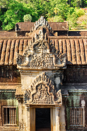 View of ancient temple complex Angkor Wat in Siem Reap, Cambodia. Angkor Wat is a popular tourist attraction.の写真素材