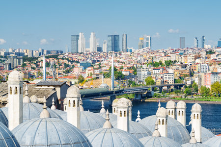 Unusual Istanbul skyline, Turkey. Awesome aerial view of the Golden Horn. Modern high-rise buildings are visible in background. Istanbul is a popular tourist destination in the world.の写真素材