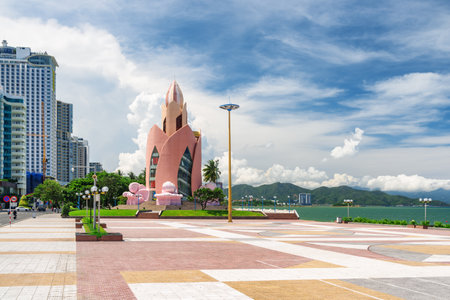 Awesome view of Tram Huong Tower and April 2 Square in Nha Trang, Vietnam. The central square is a popular tourist attraction of Asia. Amazing cityscape.の写真素材