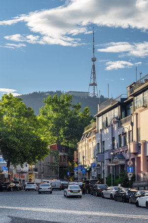 Tbilisi, Georgia - 8 October, 2022: Scenic view of Kote Afkhazi Street in Old Town of Tbilisi. The Old Town is a popular tourist attraction of the Caucasus region.のeditorial素材