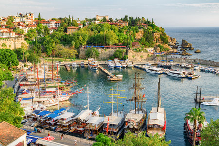 Antalya, Turkey - September 30, 2021: View of Old Antalya Marina in Kaleici. The Kaleici area is the historic city center and a popular tourist attraction in Turkey.のeditorial素材