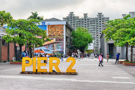 Kaohsiung, Taiwan - April 30, 2019: Awesome view of the Pier-2 Art Center. The Pier-2 is a popular cultural spot and tourist destination of Asia.のeditorial素材