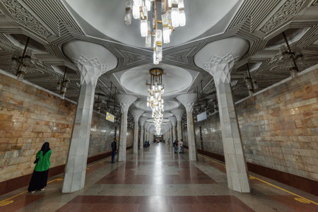 Tashkent, Uzbekistan - 2 September, 2022: Awesome view of Mustaqillik Maydoni Station of the Tashkent Metro. The amazing underground lobby is a popular tourist attraction of Central Asia.のeditorial素材