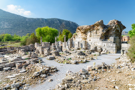 Scenic ruins of the Church of Mary (the Church of the Councils) in Ephesus (Efes) at Selcuk in Izmir Province, Turkey. The ancient Greek city is a popular tourist attraction in Turkey.の写真素材