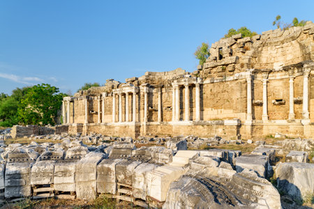 Awesome view of the Nymphaeum in Side, Turkey. Amazing ruins of the ancient city are a popular tourist attraction of the world.の写真素材